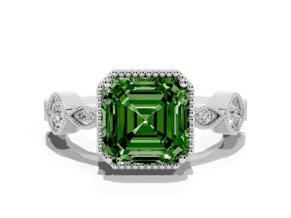 Fancy Green Asscher Cut Diamond Vintage Milgrain Ring with Round Stations White gold