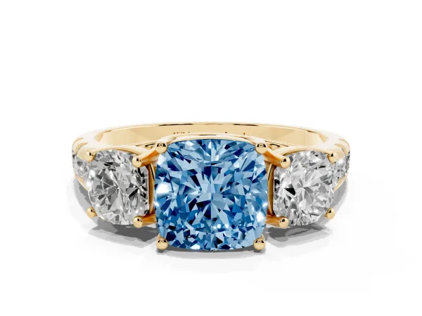 Fancy Blue Three-Stone Cushion Cut Diamond Pavé Band with Prong Setting Yellow gold