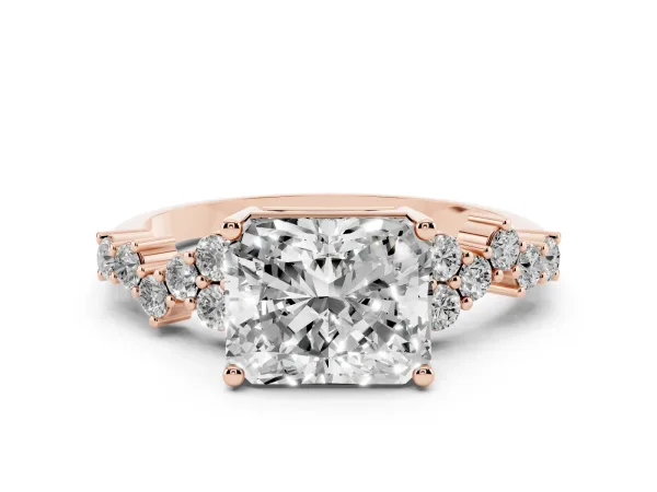 Radiant Cut Diamond Scattered Round Accent Ring with Prong Setting Rose gold