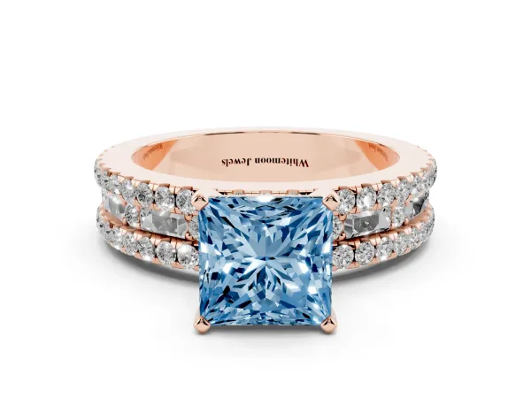 Fancy Blue Princess Cut Diamond Solitaire Ring with Pavé and Channel Set Band Rose gold