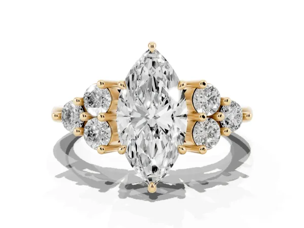 Marquise Cut Brilliant Diamond Cluster Accent Solitaire Ring with Prong Setting Yellow gold
