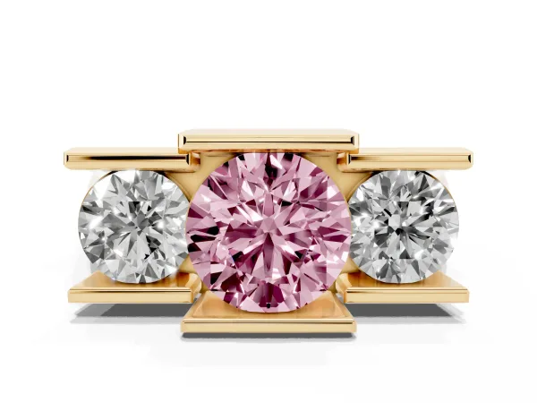 Fancy Pink Three Stone Round Cut Cut Channel Set Diamond Ring Yellow gold