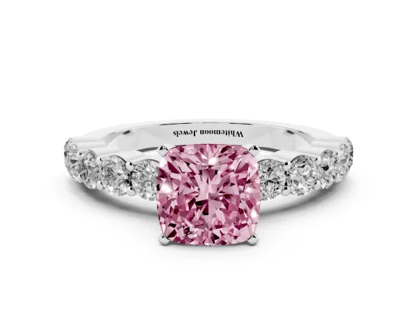 Fancy Pink Cushion Cut Diamond Solitaire Ring with Shared Prong Round Side Stones White gold
