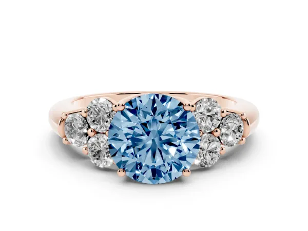 Fancy Blue Round Cut Cut Diamond Cluster Ring with Round Accent Stones and Prong Setting on a Classic Band Rose gold