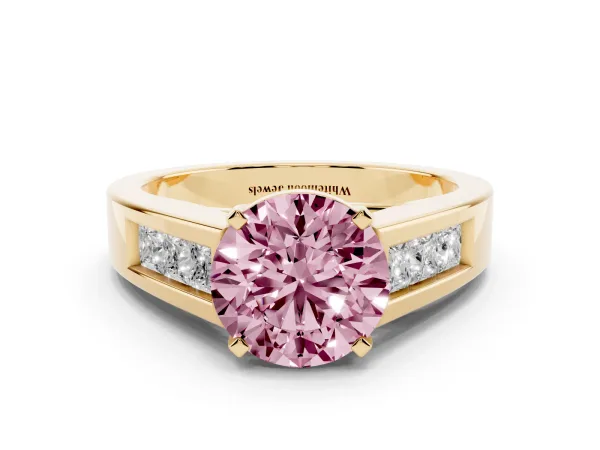 Fancy Pink Round Cut Cut Channel Set Solitaire Ring with Four-Prong Setting Yellow gold