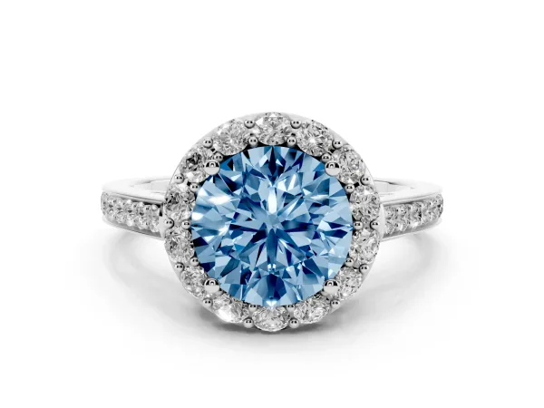Fancy Blue Round Cut Diamond Floral Halo Ring with Pavé Band and Prong Setting Platinum