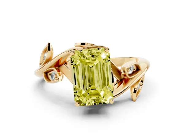 Fancy Yellow Emerald Cut Solitaire Twist Engagement Ring with Leaf Accents and Prong Setting Yellow gold