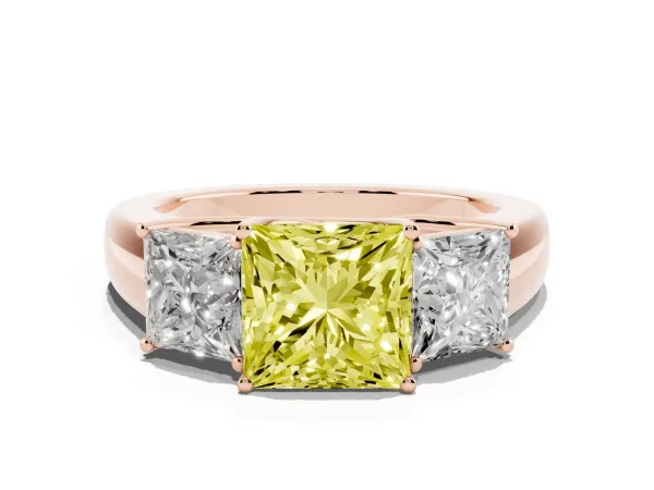 Fancy Yellow Three-Stone Princess Cut Cut Diamond Ring with Prong Setting and Classic Band Rose gold