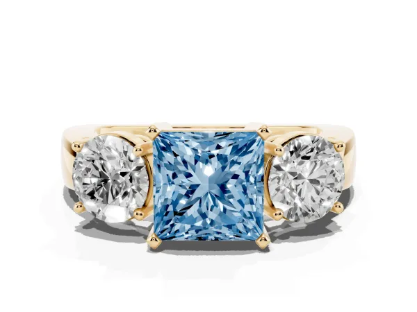 Fancy Blue Three-Stone Princess Cut Diamond Ring with Round Side Stones, Classic Band, and Four-Prong Setting Yellow gold