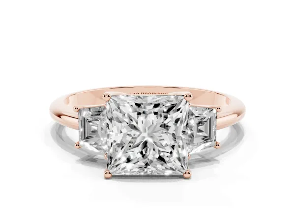 Princess Cut Diamond Three-Stone Ring with Trapezoid Side Stones and Prong Setting Rose gold