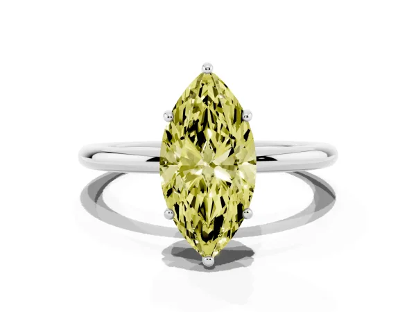 Fancy Yellow Marquise Cut Solitaire Diamond Ring with a Classic Band and Four-Prong Setting Platinum