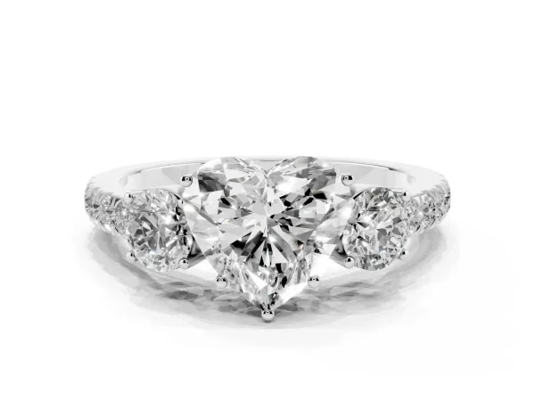 Heart Cut Cut Diamond Three-Stone Ring with Round Side Stones and Pavé Band White gold