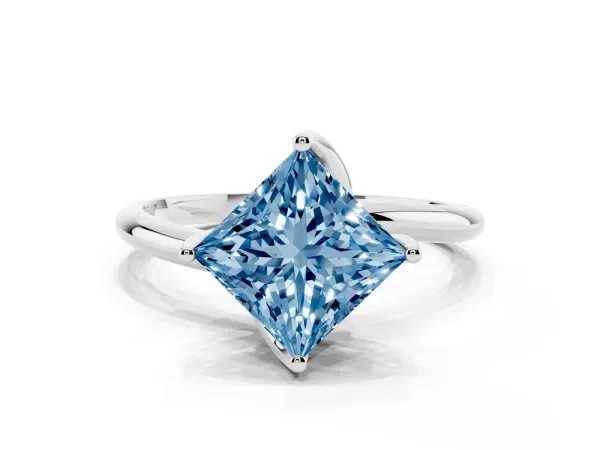 Fancy Blue Princess Cut Diamond Solitaire Engagement Ring with Four-Prong Setting and Classic Band White gold