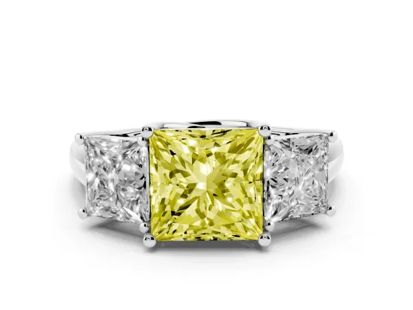 Fancy Yellow Three-Stone Princess Cut Diamond Engagement Ring with Prong Setting Platinum