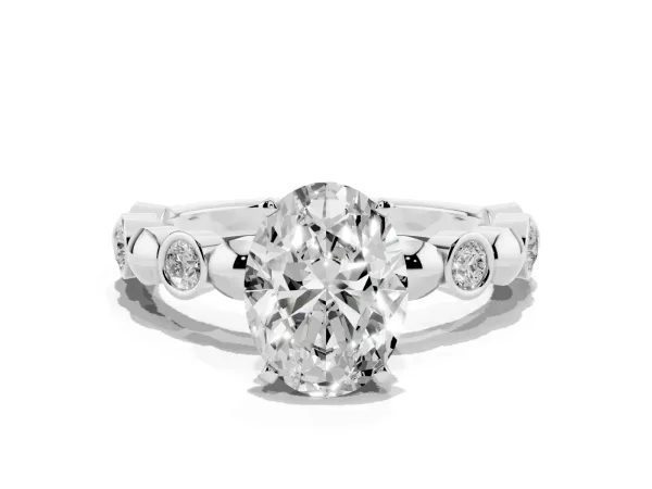 Oval Cut Solitaire Bezel-Set Diamond Ring with Beaded Band and Four-Prong Setting Platinum