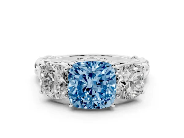 Fancy Blue Three-Stone Cushion Cut Diamond Braided Band Ring with Four-Prong Setting Platinum