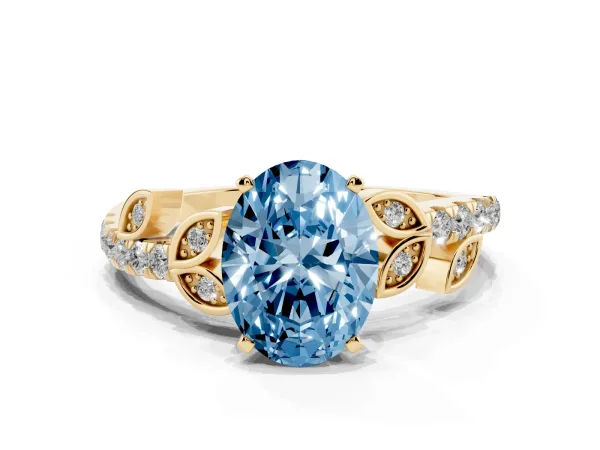 Fancy Blue Oval Cut Solitaire Leaf-Inspired Diamond Ring with Pavé Band and Four-Prong Setting Yellow gold