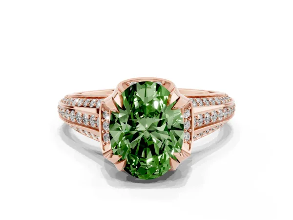 Fancy Green Oval Cut Solitaire Pave Split Shank Ring with Four-Prong Setting Rose gold