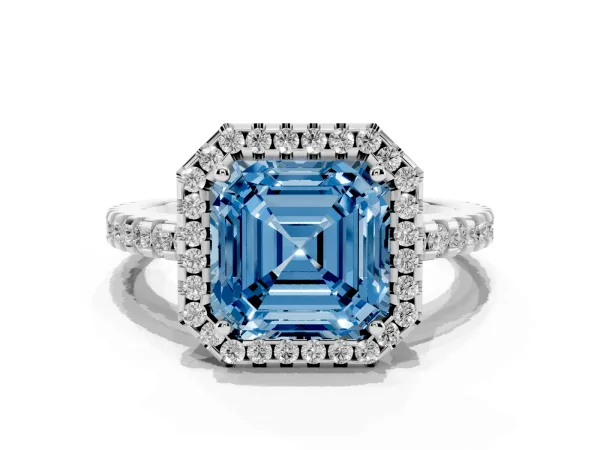 Fancy Blue Asscher Cut Diamond Halo Engagement Ring with Pavé Band and Prong Setting Platinum