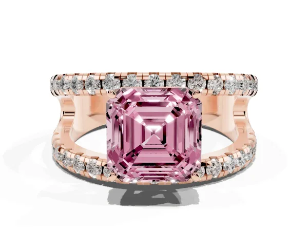 Fancy Pink Asscher Cut Solitaire Split Shank Pave Diamond Ring Rose gold