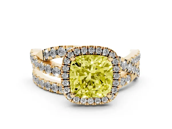 Fancy Yellow Cushion Cut Diamond Halo Ring with Round Split Shank and Prong Setting Yellow gold