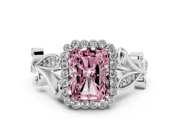 Fancy Pink Radiant Cut Diamond Halo Ring with Vintage Split Shank and Four-Prong Setting White gold