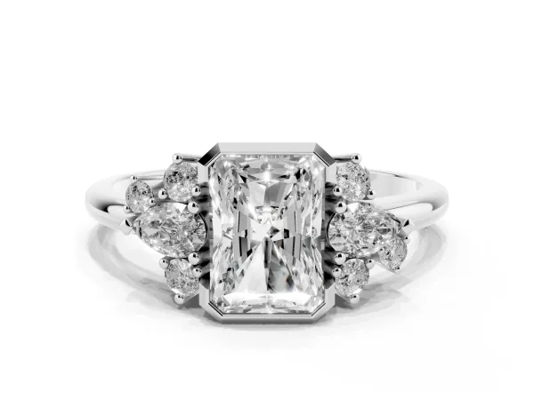 Radiant Diamond Engagement Ring with Pear and Round Side Stones Platinum