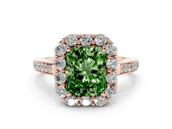 Fancy Green Radiant Cut Diamond Floral Halo Ring with Pavé Band and Prong Setting Rose gold