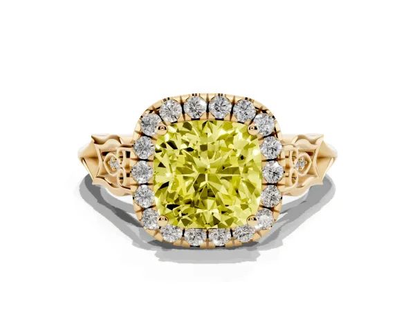 Fancy Yellow Cushion Cut Halo Diamond Engagement Ring with Filigree Band and Four-Prong Setting Yellow gold