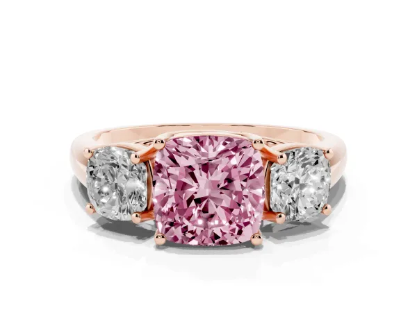 Fancy Pink Three-Stone Cushion Cut Diamond Engagement Ring with Prong Setting Rose gold