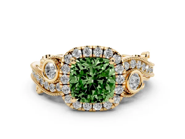 Fancy Green Cushion Cut Halo Diamond Ring with Milgrain and Bezel Accents on a Split Shank Band Yellow gold