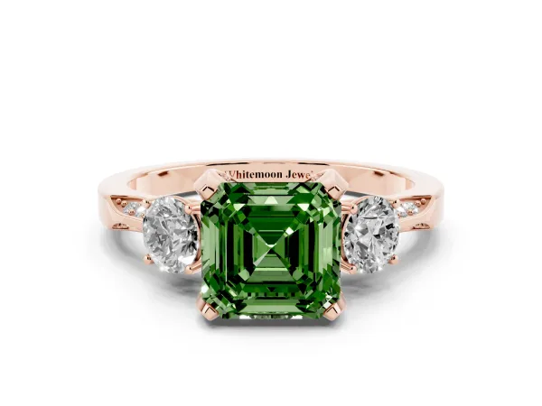 Fancy Green Asscher Cut Brilliant Three-Stone Diamond Ring with Pavé Band and Four-Prong Setting Rose gold
