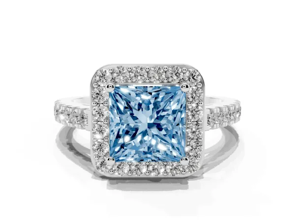 Fancy Blue Princess Cut Diamond Halo Ring with Round Pavé Split Shank and Prong Setting Platinum