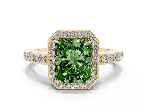 Fancy Green Radiant Cut Halo Diamond Pavé Band Ring with Prong Setting Yellow gold