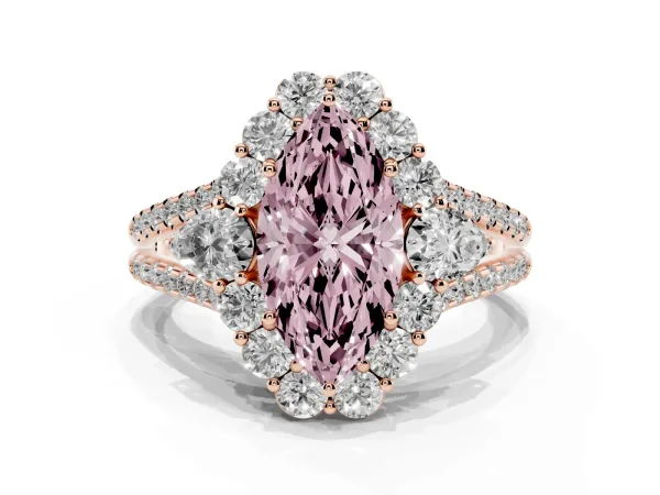 Fancy Pink Marquise Cut Halo Split Shank Diamond Engagement Ring with Prong Setting Rose gold