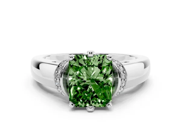 Fancy Green Radiant Cut Solitaire Diamond Ring with Pave Band and Six-Prong Setting White gold