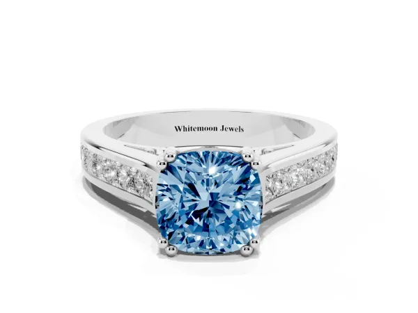 Fancy Blue Cushion Cut Cut Channel Set Solitaire Engagement Ring with Prong Setting White gold