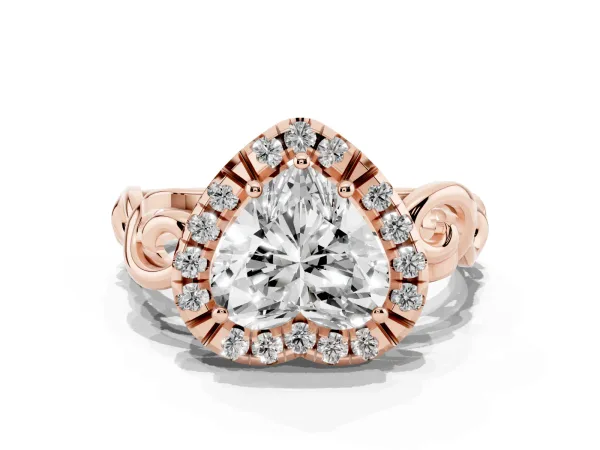 Heart Cut Cut Halo Diamond Ring with Scrollwork Band and Four-Prong Setting Rose gold
