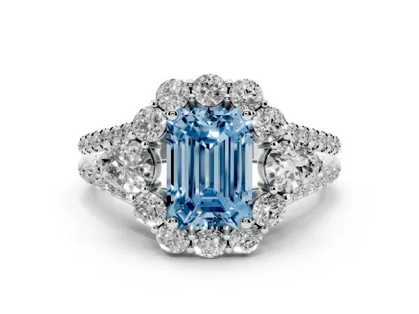 Fancy Blue Emerald Cut Halo Split Shank Diamond Engagement Ring with Prong Setting White gold
