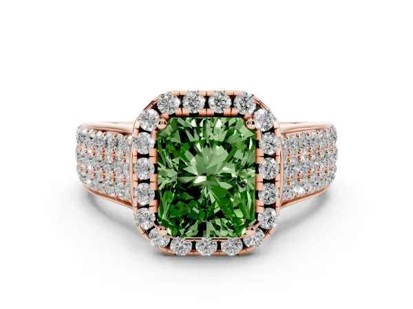 Fancy Green Radiant Cut Halo Round Diamond Pave Band with Prong Setting Rose gold