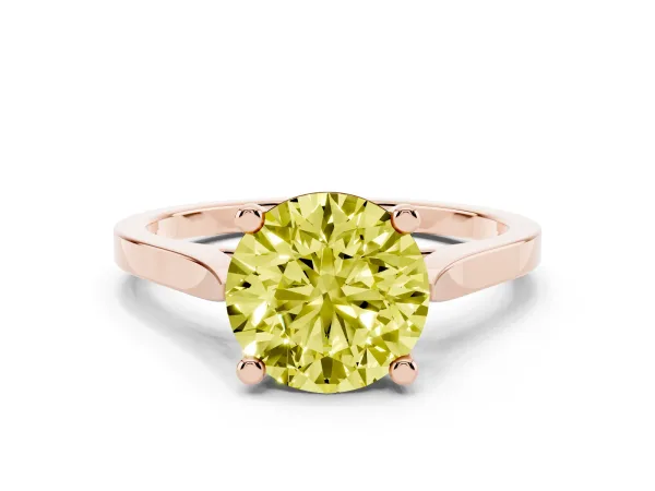 Fancy Yellow Round Cut Solitaire Diamond Ring with Four-Prong Setting and Tapered Band Rose gold