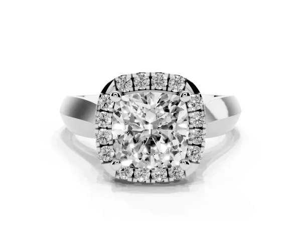 Cushion Cut Cut Halo Solitaire Engagement Ring with Square Band and Four-Prong Setting Platinum