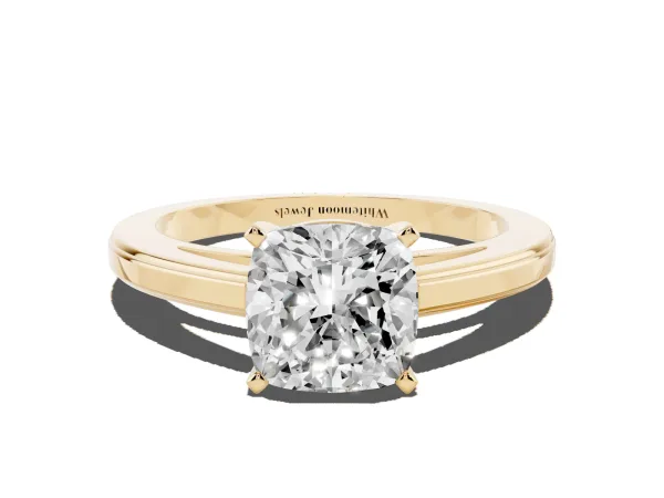 Cushion Cut Solitaire Diamond Ring with Four-Prong Setting and Classic Band Yellow gold