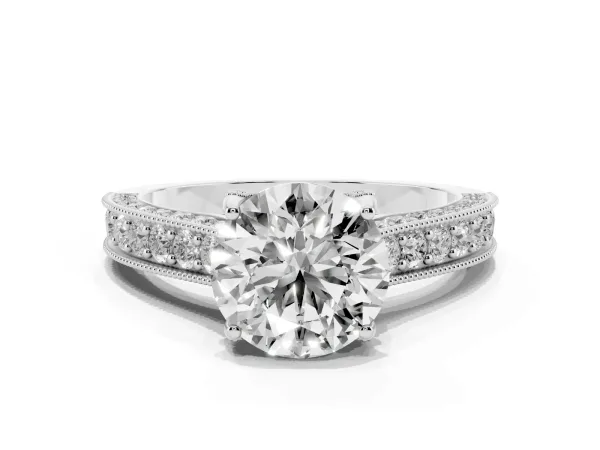 Round Cut Cut Diamond Solitaire Ring with Milgrain Pave Band and Four Prong Setting Platinum