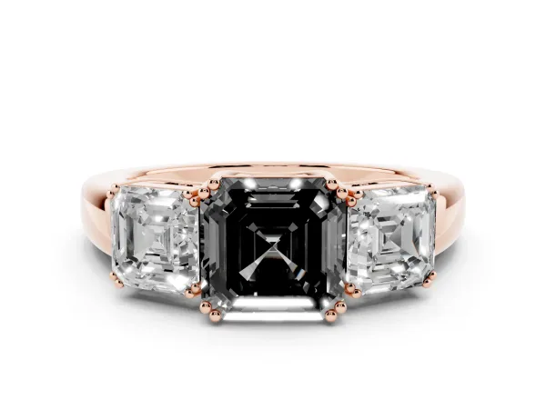Fancy Black Three-Stone Asscher Cut Cut Diamond Ring with Channel Set Band and Four-Prong Setting Rose gold