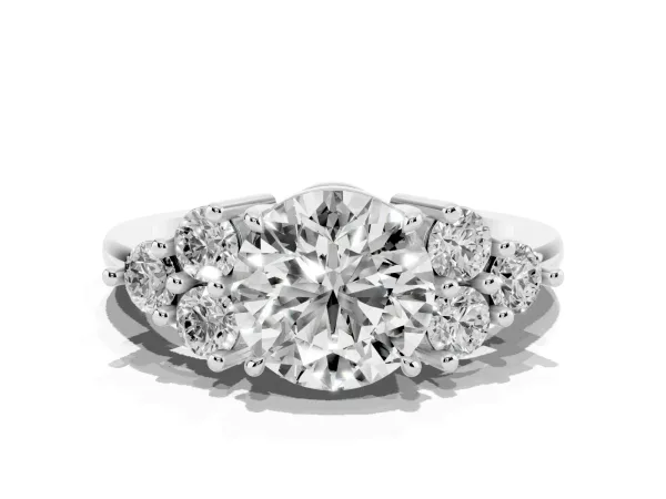 Round Cut Brilliant Diamond Cluster Accent Solitaire Ring with Prong Setting Platinum