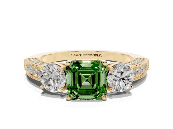 Fancy Green Asscher Cut Three-Stone Diamond Ring with Pavé Band and Four-Prong Setting Yellow gold
