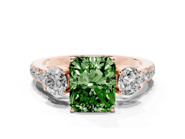 Fancy Green Radiant Cut Cut Diamond Three-Stone Ring with Round Side Stones and Pavé Band Rose gold
