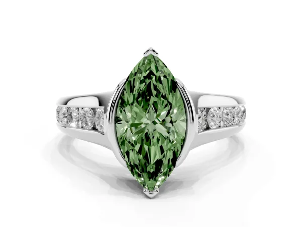 Fancy Green Marquise Cut Solitaire Bezel-Set Diamond Ring with Channel-Set Band White gold