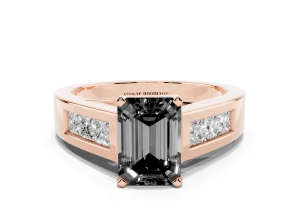 Fancy Black Emerald Cut Cut Channel Set Solitaire Ring with Four-Prong Setting Rose gold